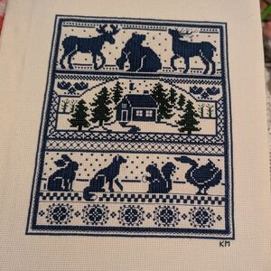 Blue and White Nordic Cross Stitch Art